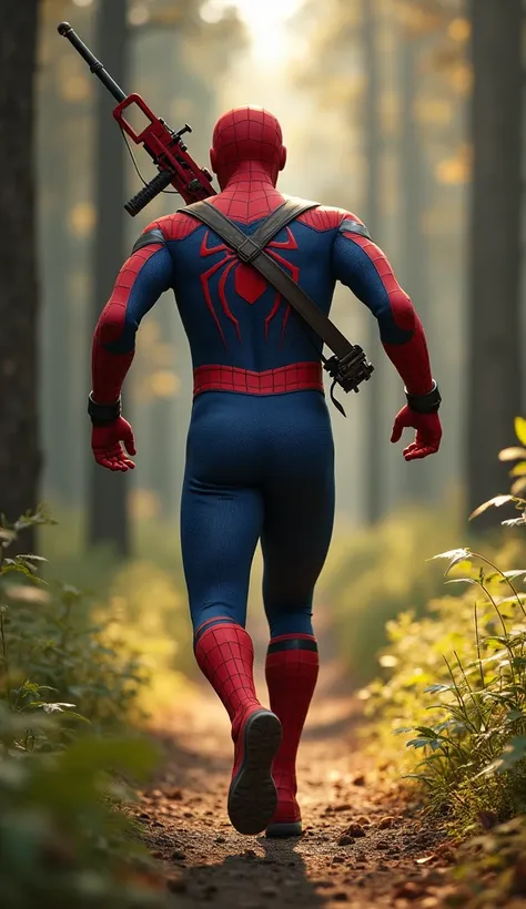 "Spider-Man is running swiftly through the forest, with the camera positioned behind him, highlighting his back clearly. A red crossbow is strapped to his back, visible in detail and steady despite his fast movement. His iconic red and blue costume is clea...