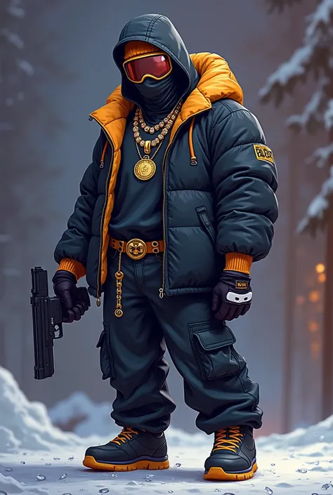 make cartoon disney dress up hellstar thick diamond necklace rich rapper black nike shoes tights but rich down gapakai belt hat with oyGZ reading with nike ski mask gausa wear goggles holding glock and backgroun reading oyGZ create thumbnail live stream 