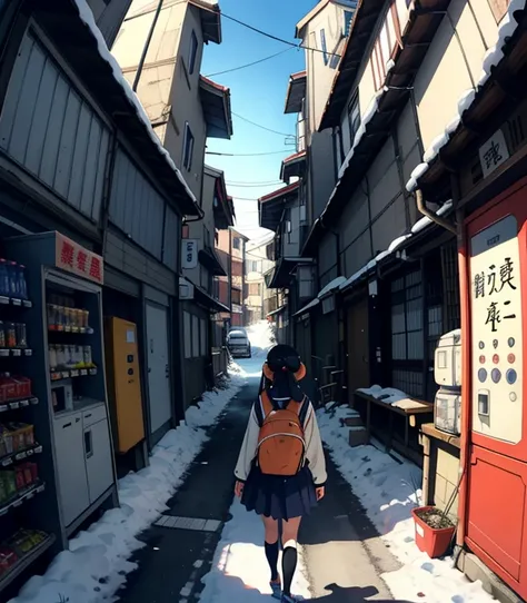 masterpiece，top quality， high image quality，( super flat ， flat shading  )， fisheye lens，冬の日本のBack Alley，Back Alley，Japanese beverage vending machine,  Retro Style ，A few female middle school students who seem to be having fun going to school，snow景色，snow， ...