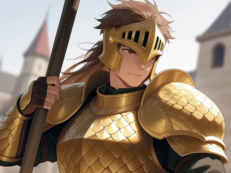 The medieval fantasy man is a large warrior with brown hair and golden dragon scale armor and helmet..