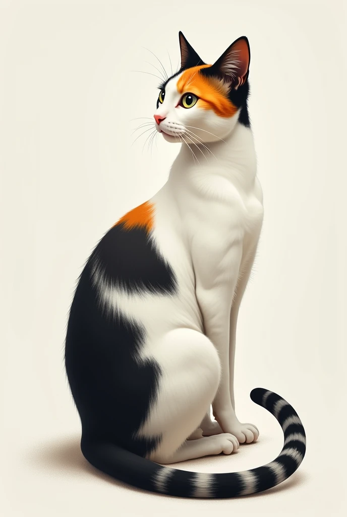 Kucing putih hitam,a little orange on the head , long tail is black and white 
