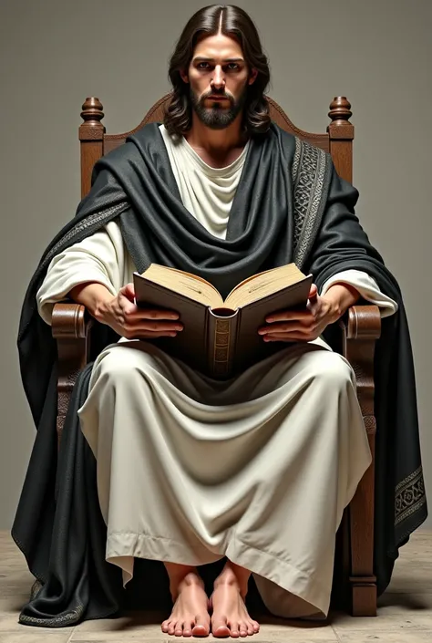 Jesus full body  wear a black silver shawl and white dressing  and hold over size book sitting on  chair 