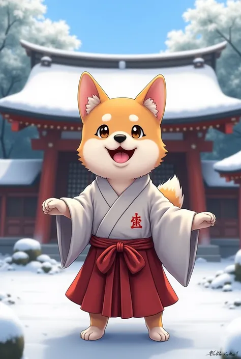 Shiba Inu says hello with a crested hakama。
The background is a shrine、 snow is piled up。