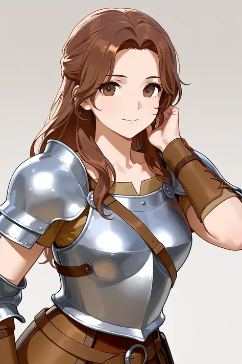 Roman woman wearing armor with long brown hair with brown eyes and with a voluptuous figure  