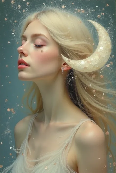 masterpiece, vintage, airy, graceful, ephemeral crystal, delicate pastel, sfumato, emission, grunge, shabby chic, mother-of-pearl fluid art, tenibrism, foreground, Nicoletta Ceccoli style, women, long flowing hair, eyes closed, moon in the form of a human ...