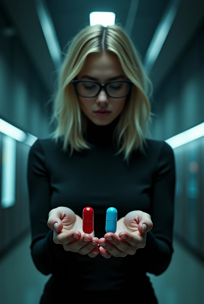 White European 30th years old woman engineer in glasses, blond hairs, with hands like in matrix choose pill, in right hand is one red gloss pill, in left hand is one blue gloss pill, pills must be visible, he is in office space, dark mood, no people around...