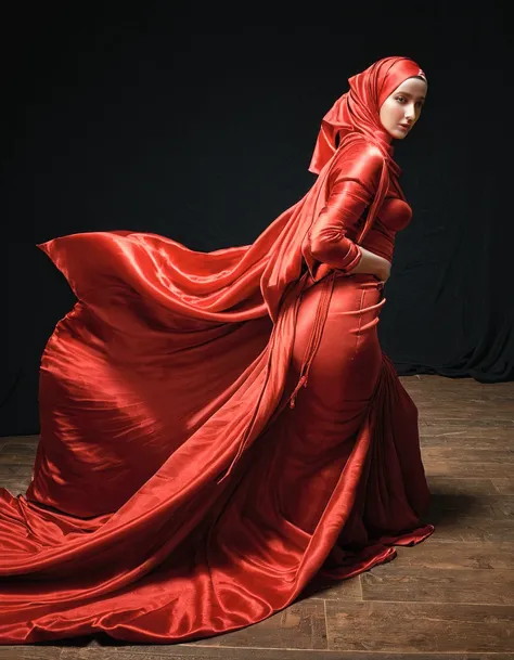 A woman shrouded in a 10-meter-long, plush red silk cloth, tightly bound and grandly draping along the form of her body, flowing off into a pooled floor-length train, styled in a tight mermaid skirt, her head modestly veiled in a satin hijab, tall woman, w...