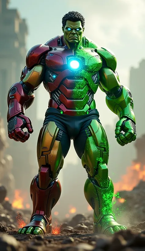 Stark Hulk Fusion - an ultra-detailed masterpiece showcasing a hybrid superhero combining Hulks raw power with Iron Mans technological brilliance. The figure stands in a dynamic pose, where half of the body seamlessly transitions between forms: the right s...