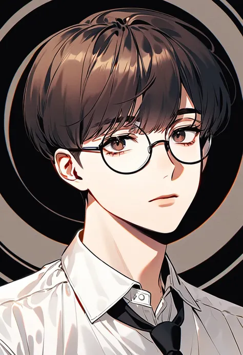 man,Bluntness,Cool ,Expressionless,round glasses , dark brown hair,brown eyes,academic,Short cut, with bangs , dark circle ,academic,white shirt, black tie,1 person,Alone, very delicately, best quality, Korean, good-looking 