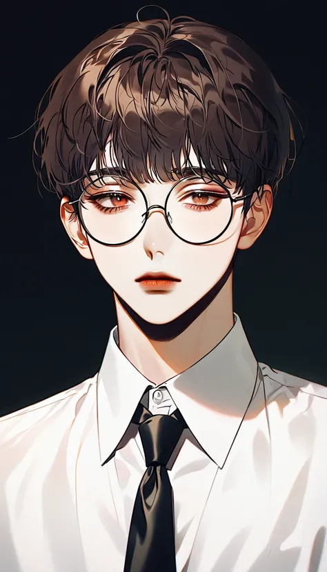 man,Bluntness,Cool ,Expressionless,round glasses , dark brown hair,brown eyes,academic,Short cut, with bangs , dark circle ,academic,white shirt, black tie,1 person,Alone, very delicately, best quality, Korean, good-looking 