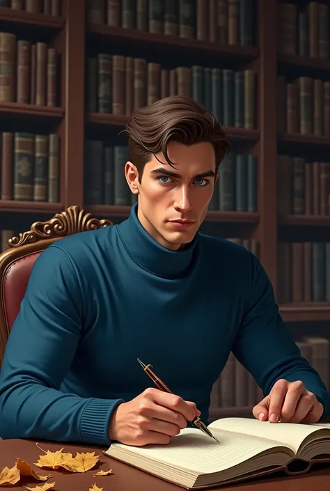 A handsome tall man, short chocolate colored hair, intense blue eyes, strong chin, outlined lips, He wears a blue turtleneck sweater he is sitting at a desk in the middle of a large library in dark and mahogany tones the windows are closed he has his eyes ...