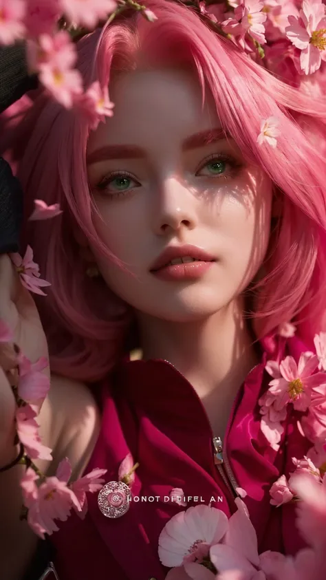 a woman with pink hair and a red jacket surrounded by flowers, beautiful girl with green eyes, beautiful girl with green eyes, beautiful girl with pink hair, pink hair 