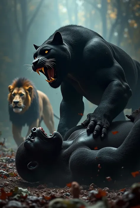 /image Gorilla ne black panther ko mar dia he khoon darkness background lion bohat gose me he dahar raha he