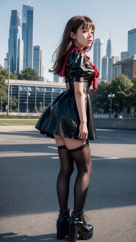 ((full body)), side view fitted  figure , cute beautiful  teenage schoolgirl, beautiful cute teen face with big lips , ((High Waisted black leather skater pinafore dress)), ((transparent tulle blouse short puffy sleeves)), High Waisted black leather fluffy...