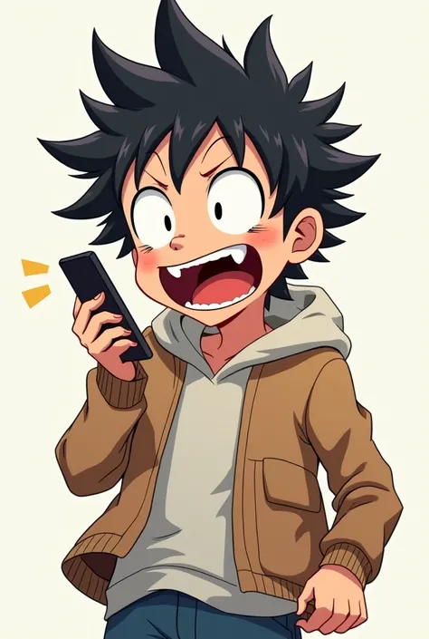 Anime boy laughing terribly on his cell phone