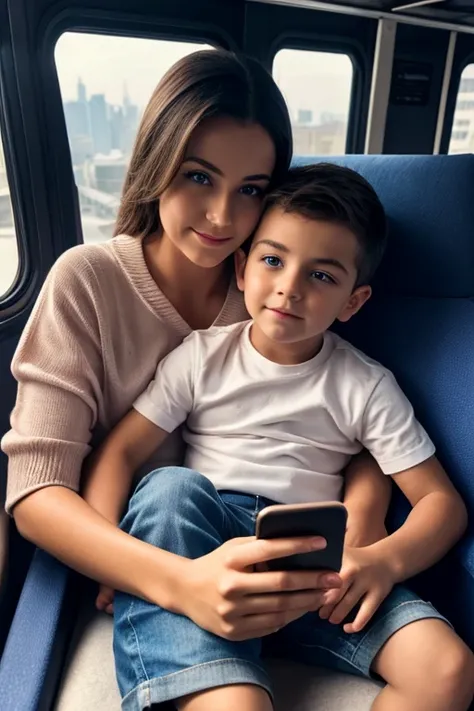 young boy sitting on his moms lap using her phone, shorts, inside of a bus, brown hair, blue eyes, blushed cheeks, photo realistic, ultra detailed, soft lights, night time, city, 1boy, sitting on lap, cinematic lighting, glowing light, reflection light, ba...