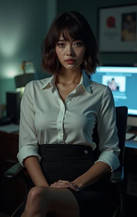 Elaborate tight-fitting business shirt and high-waist pencil skirt that is depicted in ultra detail, Just-fitting short sleeve, Shirt tucked into skirt, Tights, In a dimly lit office late at night, Desk, Light from a computer screen, Desk light, Sitting on...