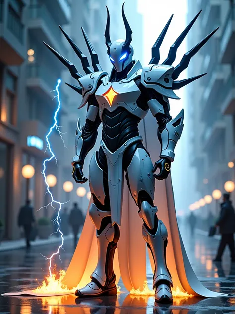 The gothic mechanical fighter ，Wearing tight modern armor with white and blue details，Half sideways，There is a flame under your feet，Standing in a high-tech office ，Twelve huge thorns and lightning grew from behind him