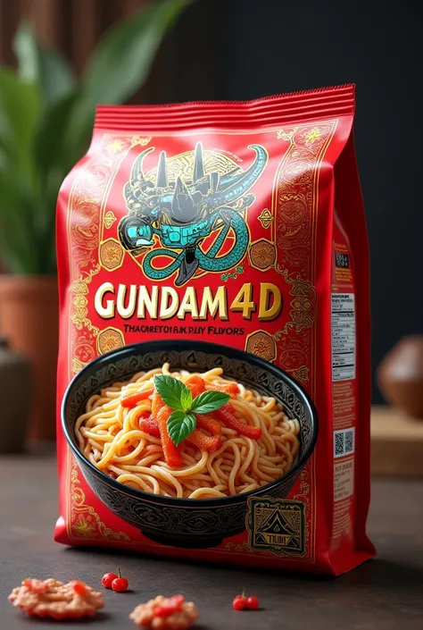 Make Cambodian noodle packaging with the text "Gundam4D with very attractive traditional Thai flavors like Gacor packaging