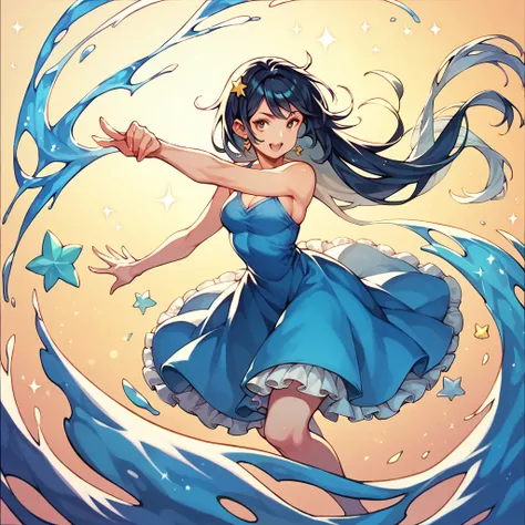 colourful manga style wallpaper a girl dancing on the ocean at the stady night with long deep blue dress and star on it 