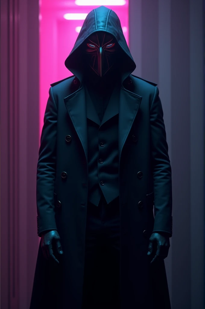 A mysterious and intimidating figure wearing a sleek black geometric mask with sharp angular lines, reflecting a metallic sheen. The figure is dressed in a dark, fitted trench coat with a high collar, standing in a dimly lit room with dramatic shadows and ...