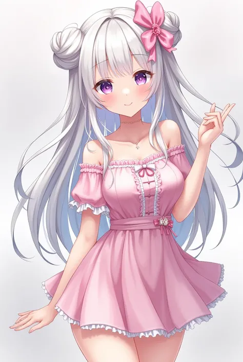 anime girl with long hair and two buns hair with curtain bangs with ribbon. white hair,big breast and wearing a cute pink shortdress, she has a pink left eye and purple right eye