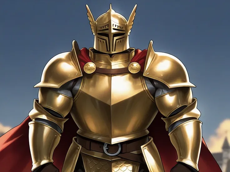 Medieval fantasy man with brown hair and steel and golden armor, He wears a helmet .  The helmets collar and armor cape are golden . , 190 cm tall, and a muscular body that weighs 120 kg..
