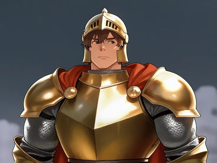 Medieval fantasy man with brown hair and steel and golden armor, He wears a helmet .  The helmets collar and armor cape are golden . , 190 cm tall, and a muscular body that weighs 120 kg..
