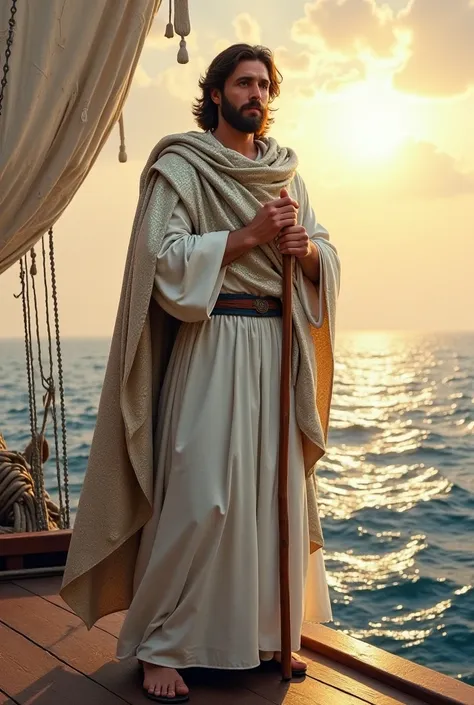 Prophet moses full body  wear a silver shawl and white long dress and hold a stick stand on ship on chair