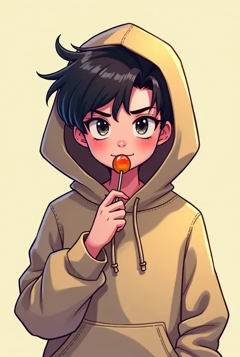  teenager, with sweatshirt and hood covering the face, only the mouth showing, with a lollipop, from the waist up, cartoon, poses