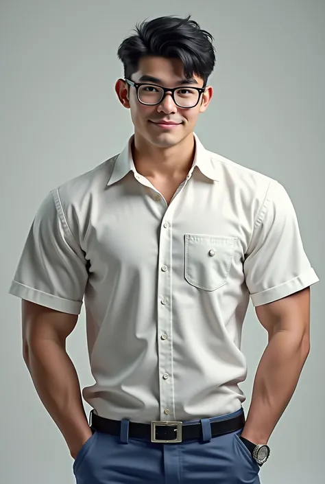 muscular man in a white shirt and glasses, black comma hair, เสื้อเชิ๊ตแขนสั้นสีขาวแบบมีปกติดกระดุม,blue short pants with belt on, teenage, student, glasses, confident pose, bright lighting, (best quality,4k,8k,highres,masterpiece:1.2),ultra-detailed,(real...