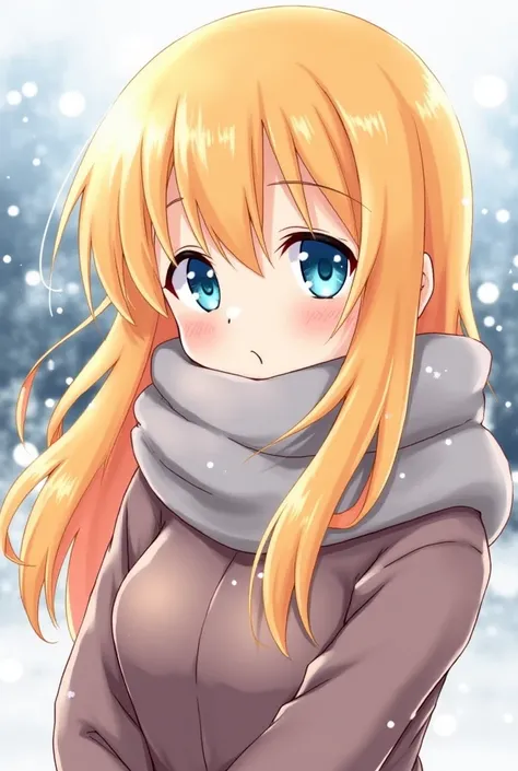 1 girl. Solo. Wearing a winter sweater. Very long hairs. Unique facial structure. Looking at the viewer. Warm gold hairs. Snow fall in background. Warm blue eyeballs. Unique face from other Anime girls. Anime-style. blurry snowier background.