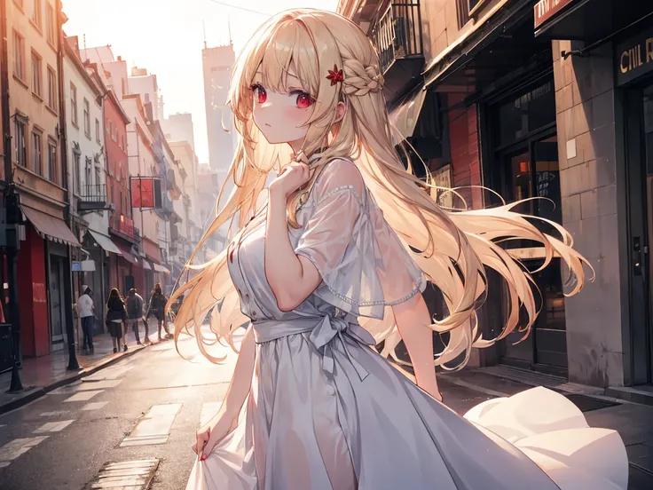 a beautiful young woman, with long Golden hair, and red eyes, wearing a white casual dress, sad, crying, street
