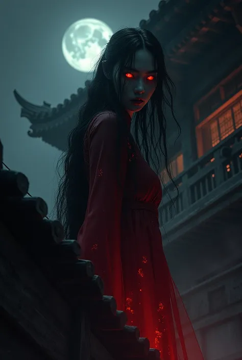 A ghostly Chinese woman from the Edo period, with long, flowing black hair, ash-gray skin, and glowing crimson eyes, climbing the wooden walls of a traditional Chinese castle at midnight. She is dressed in a dimly shimmering deep red gown that glows faintl...