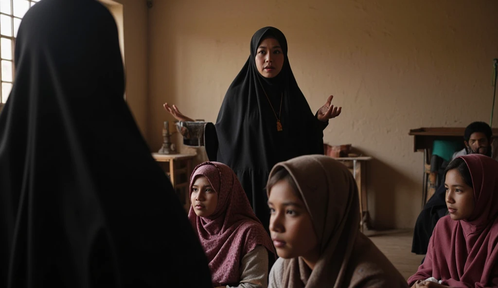 a somali women teaching to a somali girls in atraditional somali shool dark brown women diamond face shaped waring veil
