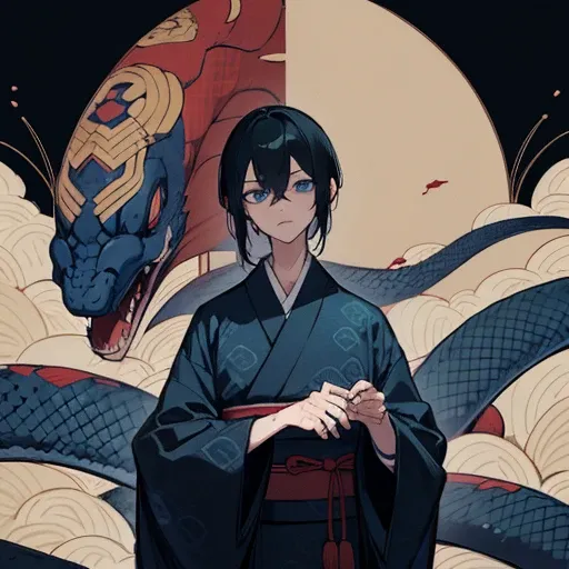 Big snake, Yokai, Japanese Horror, 1 Male, Humanoid,  blue eyes, Black Hair, Blue pattern, kimono,  are expressionless, Snake&#39;s Tail, Has a big shiny ball, The Fire of the Blue Soul, enemy, villain