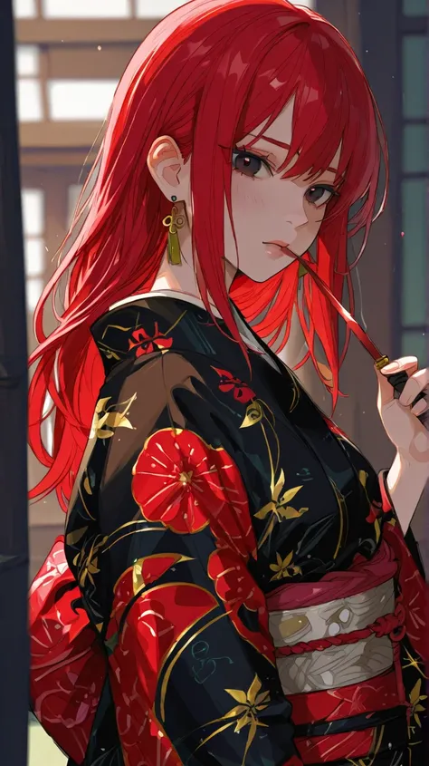 Its a Japanese anime-style illustration of a girl with long, shiny, straight, bright red hair with a bright red hairclip. She has large pitch black eyes with star-like highlights and a mysterious expression. Her nose has a natural arrow shape, which suits ...