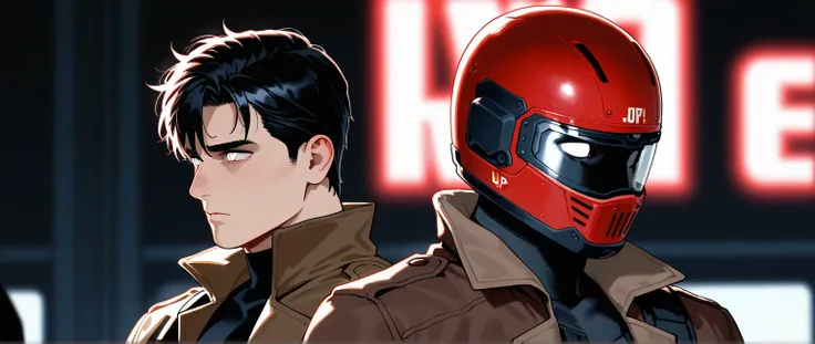 Jason Todd ,  red helmet , black clothes, white eyes, brown jacket