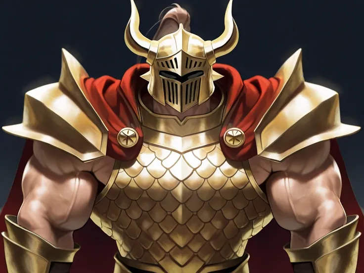 Medieval fantasy man with brown hair and steel golden dragon scale armor, He wears a helmet .  The helmets collar and armor cape are golden . , 190 cm tall, and a muscular body that weighs 120 kg..
very good-looking appearance.