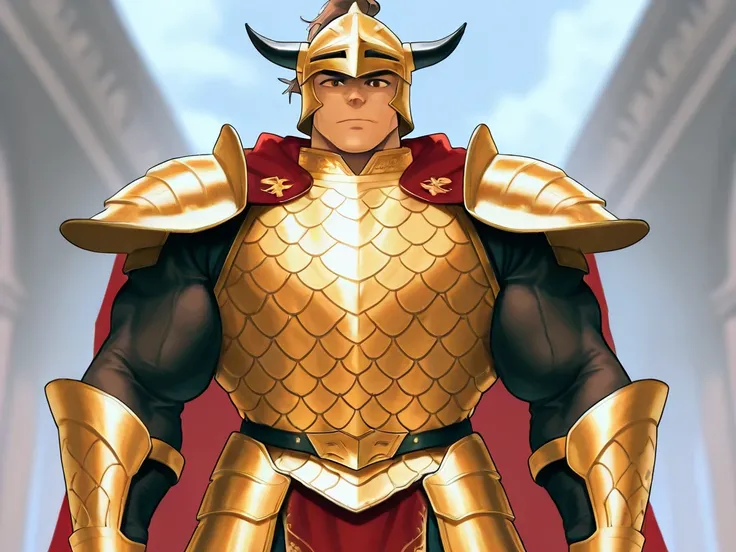 Medieval fantasy man with brown hair and steel golden dragon scale armor, He wears a helmet .  The helmets collar and armor cape are golden . , 190 cm tall, and a muscular body that weighs 120 kg..
very good-looking appearance.