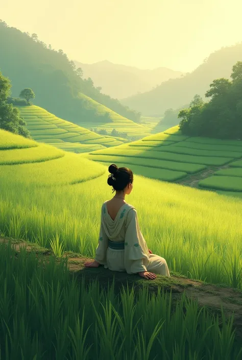 make me a picture of a rural landscape with a woman sitting on the edge of a rice field