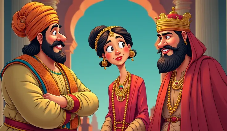 the cartoon-style image of Emperor Akbar, Birbal, and Akbars Begum 