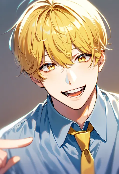 man,academic,Short cut,Yellow hair,Yellow eyes, long bangs, Light Blue Shirt, Yellow Tie , best quality,1 person,Alone, good-looking , blunt,Cool ,Psik Laugh . very delicately