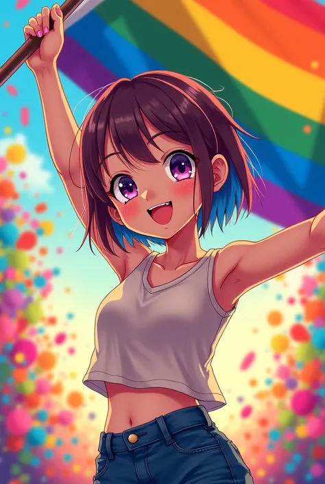 Woman with the LGBTQ flag and color is anime style