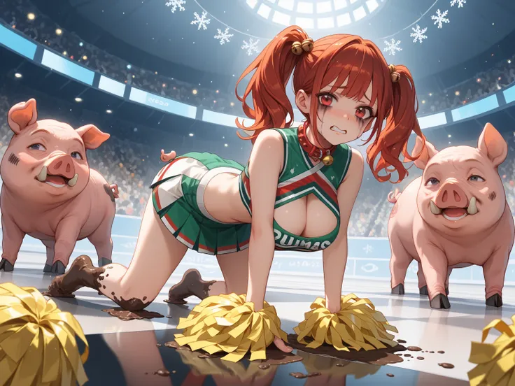 A trio of mischievous 25-year-old cheerleaders are being transformed into Christmas pigs after trespassing into the North Pole. Each of the girls has different hairstyles and hair colors and is at a different stage of transformation. Large breasts, cleavag...