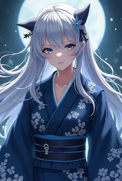 A Demon Slayer OC with this description Long silver hair with a crescent moon hairpin, deep blue eyes, wearing a dark blue kimono adorned with silver patterns. 