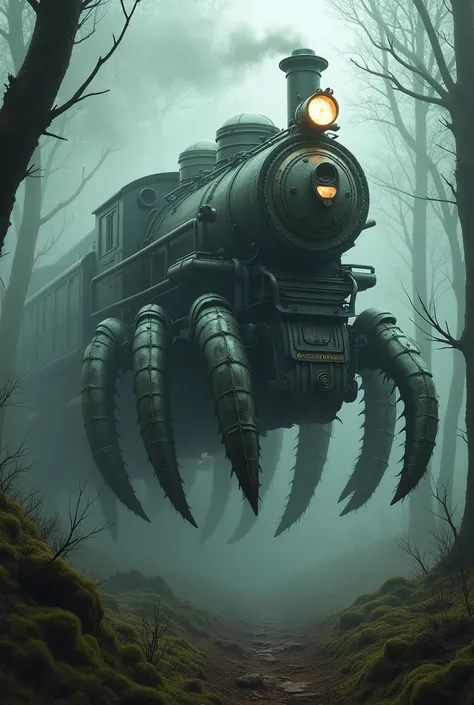 Here is the surreal hybrid image of a train and a centipede, blending mechanical and organic features in a mysterious, foggy forest setting. Let me know if youd like any adjustments!

