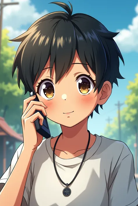  anime style 、 of a boy wearing a t-shirt with a necklace around his neck talking on his cell phone、Please show me an image taken up close from the front 