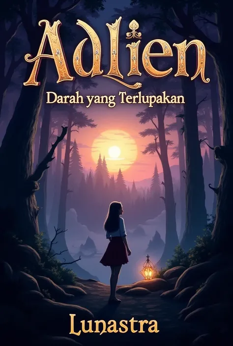 Here’s a 16:11-sized cover design idea for your novel Adlien: Darah yang Terlupakan by missheadstone :

Front Cover Description:

Main Image: A mystical landscape of Lunastra, the fantasy world where your story takes place. In the foreground, you could dep...