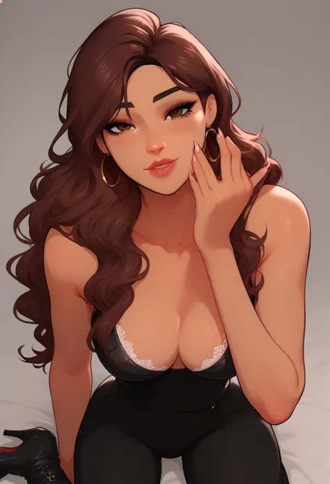 Ruby (fortnite),latina Medium skin tone, curve body, Medium B size breast, ((penthouse background)) , (masterpiece), best quality, expressive eyes, perfect face, ((1 girl solo)), reddish brown hair, wavy hairstyle, long hair, brown eyes, hourglass figure, ...